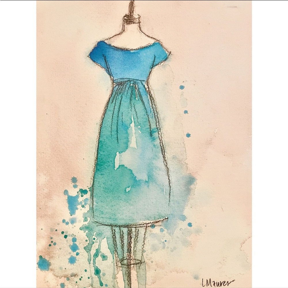 Lauren Maurer Blue Dress Watercolor & Charcoal Painting